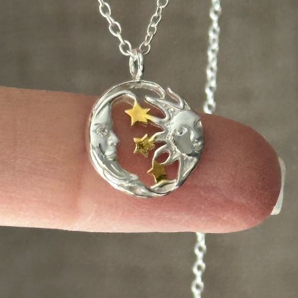 Sterling Silver Two Tone Moon and Stars Celestial Necklace - Picture 8 of 10
